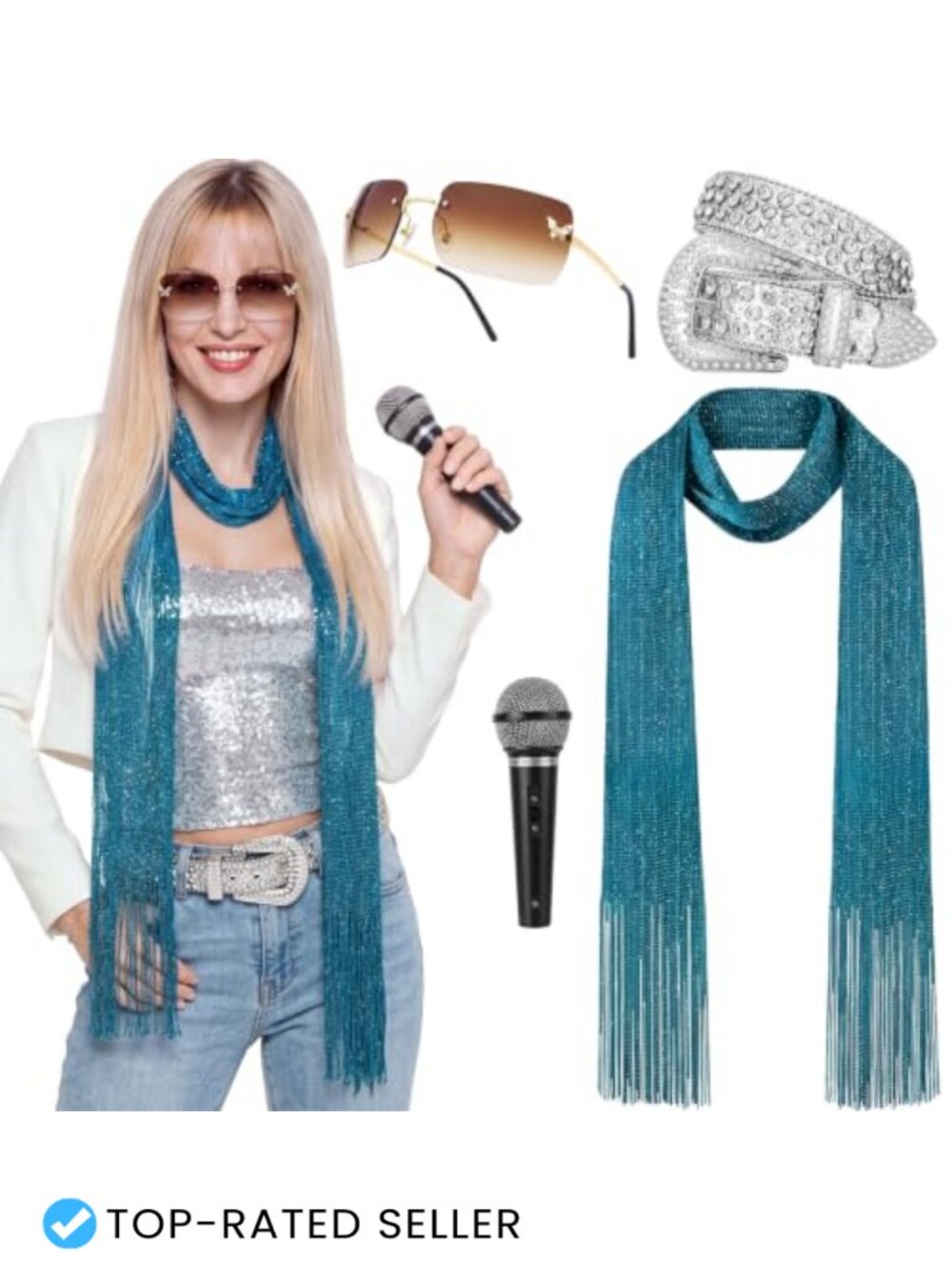Pop Star Costume Accessory Set 4 Pc Microphone Belt Scarf Sunglasses Women